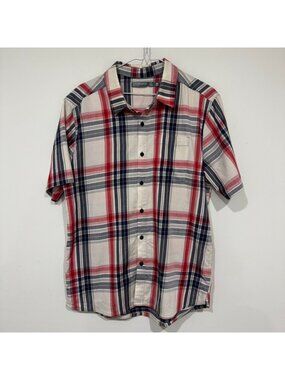 Icebreaker Mens Merino Wool Short Sleeve Plaid Shirt White Red Size M Compass